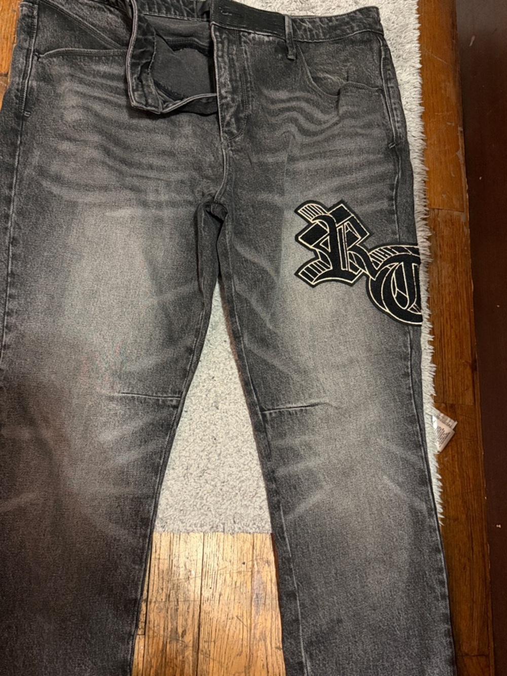 RtA Black Washed Slim Straight Jeans with Script Patch